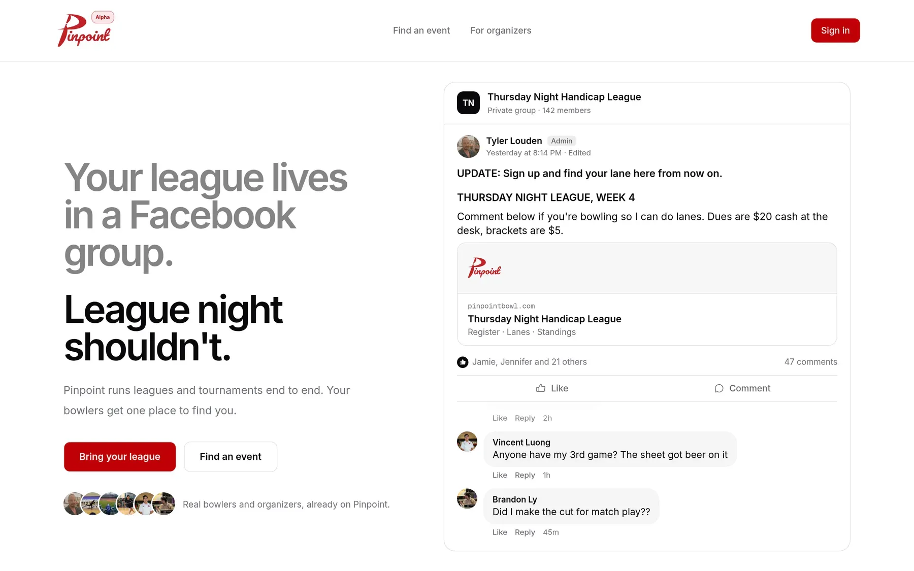 The Pinpoint Bowl home page: your league lives in a Facebook group, league night shouldn't