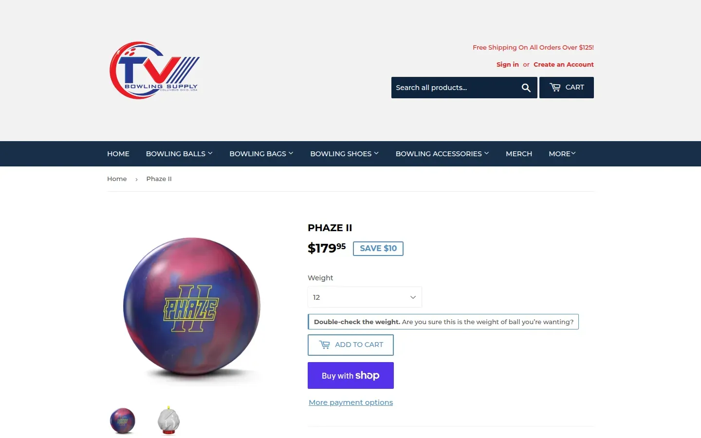 A product page asking the customer to double-check the ball weight