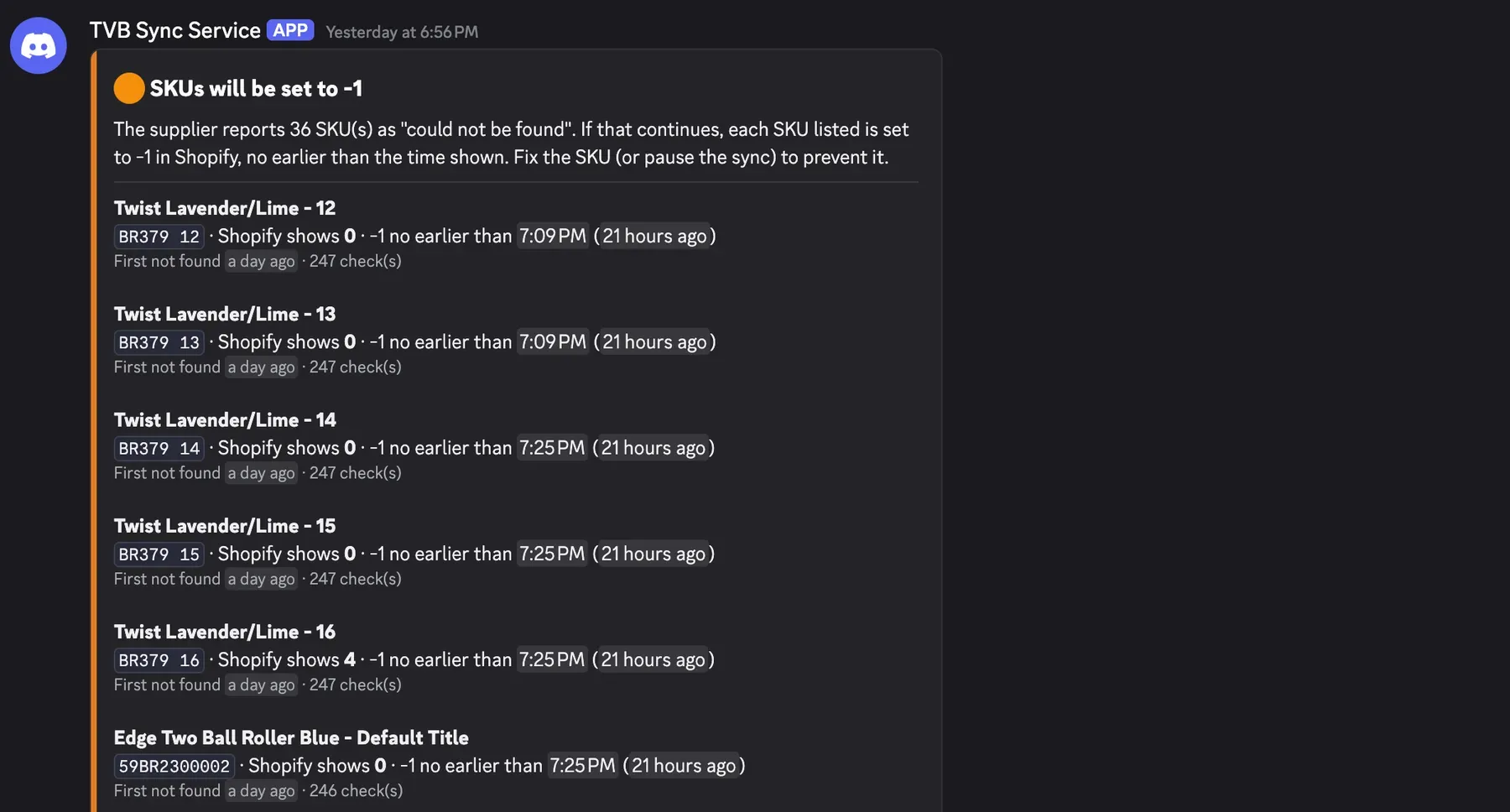 A Discord alert listing products that will be set to -1
