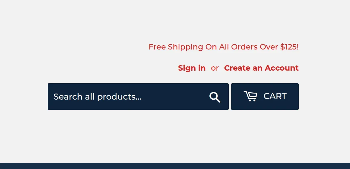 The store's navy search bar and cart button